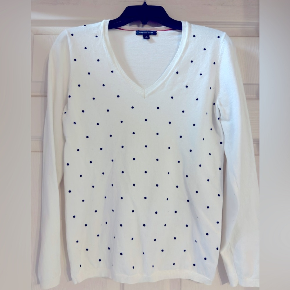 EUC Tommy Hilfiger White V-Neck Sweater with Navy Dots Size M